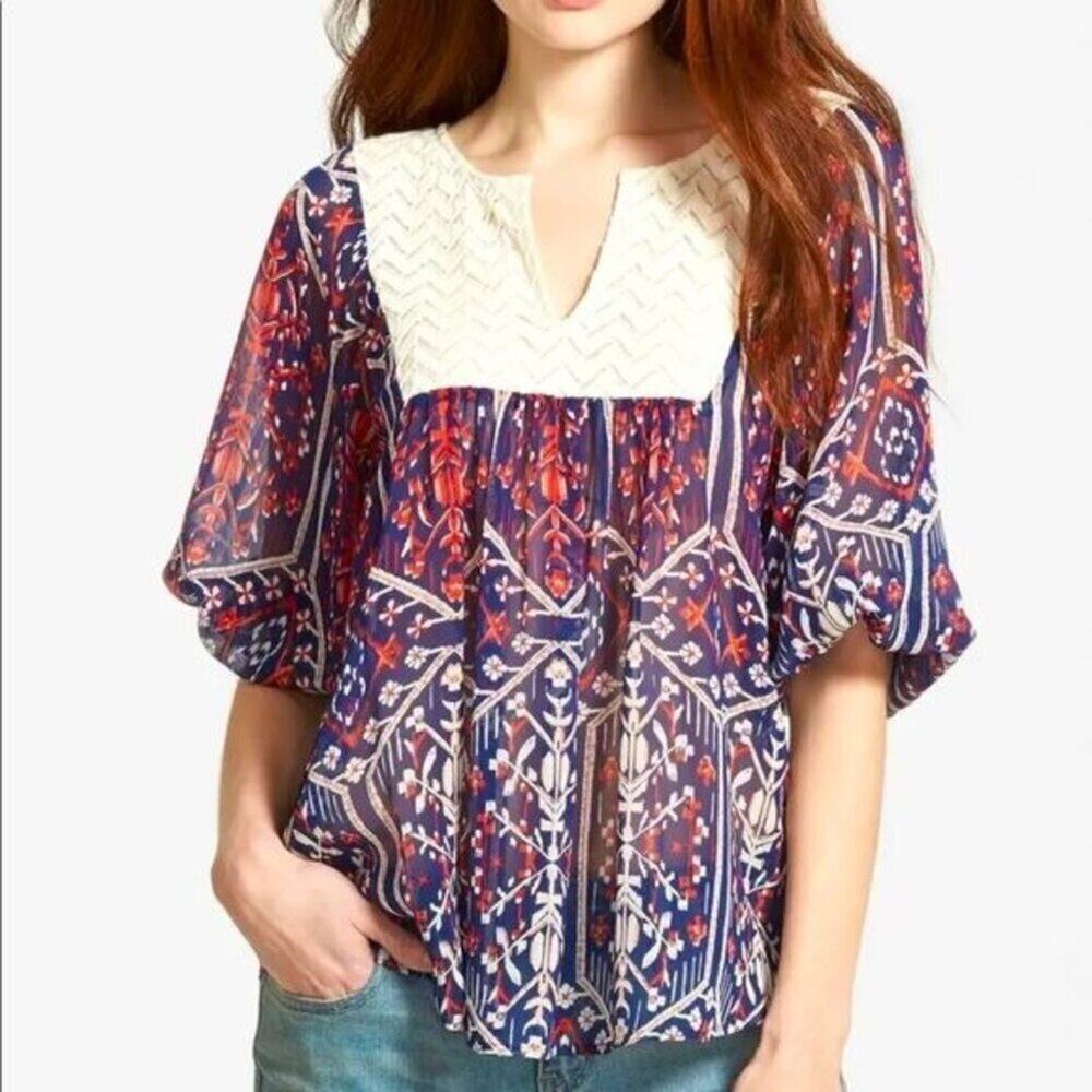 Ella Moss Floral Vista Crochet Yoke Printed Silk Top Medium